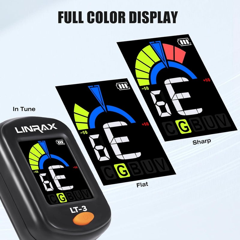 LINRAX LT-3 Guitar Tuner Rechargeable, Clip On Tuner with LCD Color Display, Chromatic Tuner for Guitar Bass Ukulele Violin Banjo Mandolin, Digital Tuner for Stringed Instruments, Guitar Accessories - Image 3
